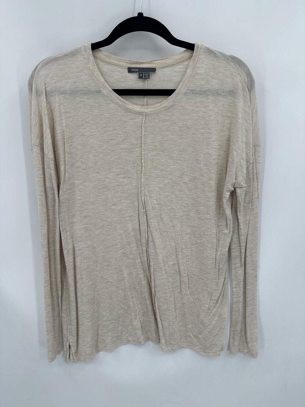 Vince Long Sleeve Crew neck Tee Shirt with Front Seam Ivory Size Small
